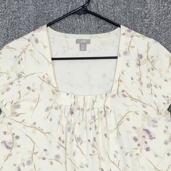 J. Jill Sweater Womens Petite Small Ivory Floral Stretch Knit Short Sleeve Top - Picture 2 of 12